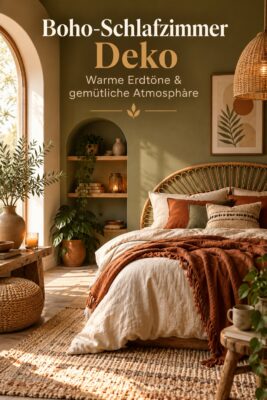 Chambre décorée dans un style boho avec des tons terre et des textiles doux.