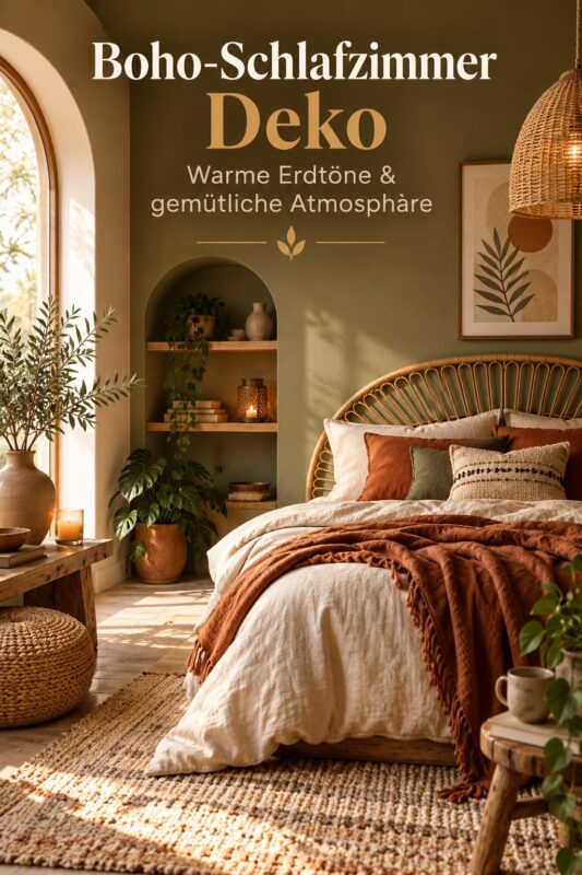 Chambre décorée dans un style boho avec des tons terre et des textiles doux.
