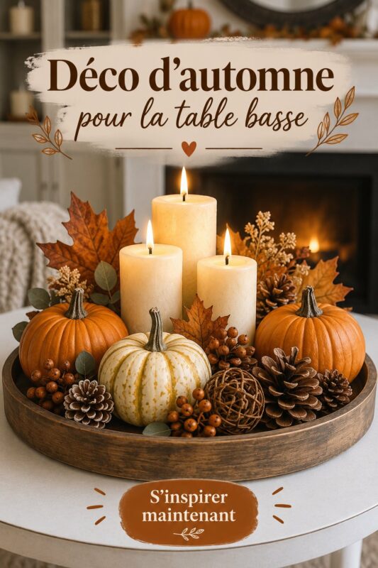 Table basse décorée pour l'automne avec des éléments chaleureuses et naturels