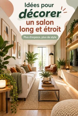 Salon long et étroit décoré de manière cozy avec des couleurs claires