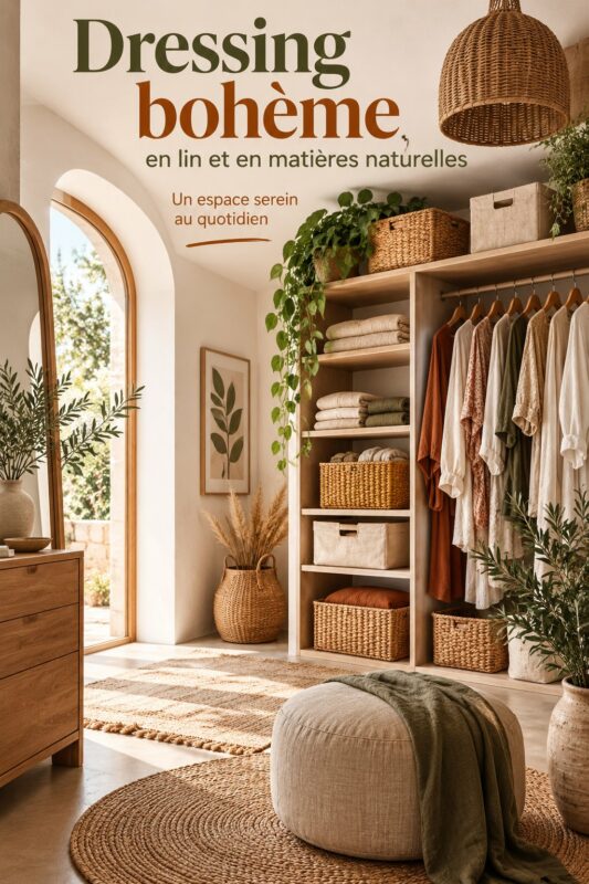 Dressing boho avec rangement en lin et éléments tissés décoratifs.