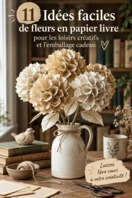 Fleurs en papier colorées créées à partir de pages de livre, disposées sur un fond blanc.