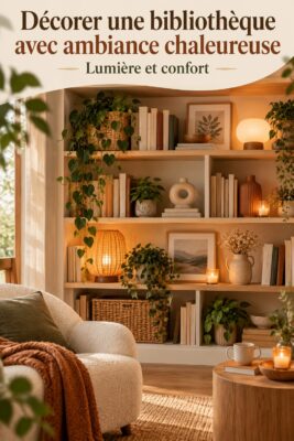 Bibliothèque cosy avec éclairage doux et décoration chaleureuse