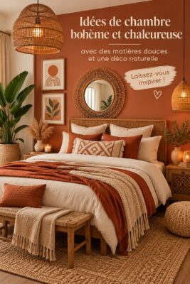 Chambre boho lumineuse avec des textures douces et des couleurs terreuses
