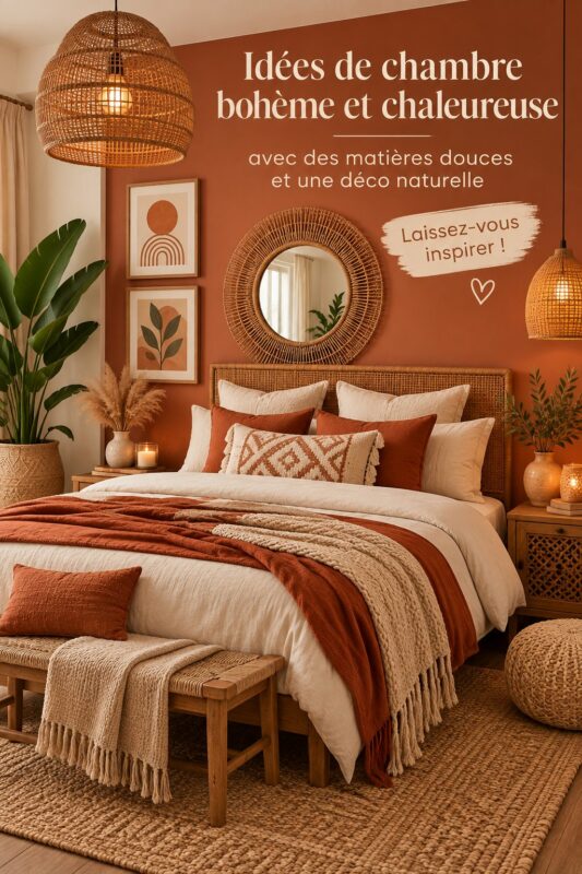 Chambre boho lumineuse avec des textures douces et des couleurs terreuses