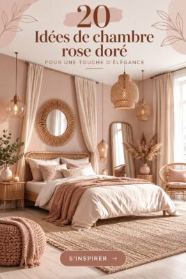 Chambre élégante décorée en rose doré avec des accents chaleureux