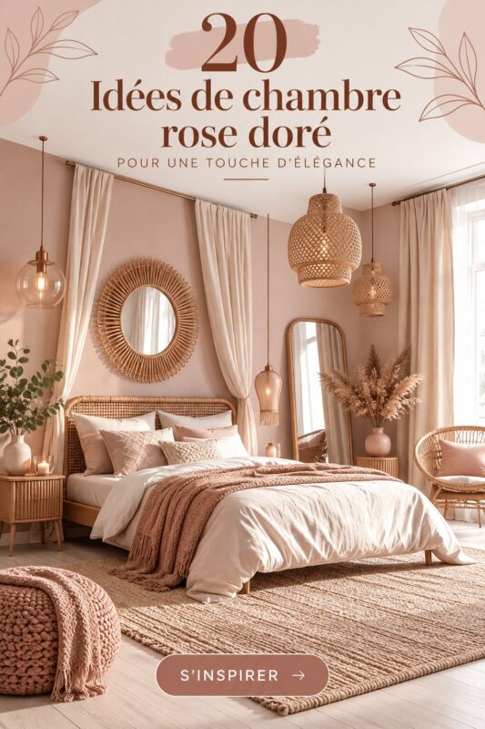 Chambre élégante décorée en rose doré avec des accents chaleureux