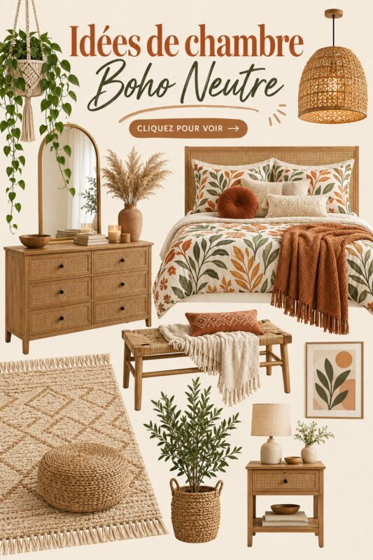 Chambre boho neutre avec une ambiance cosy et apaisante.
