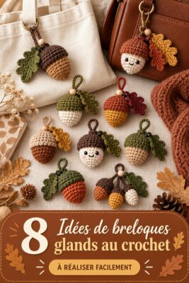Charm en crochet en forme de gland accroché à un sac cosy