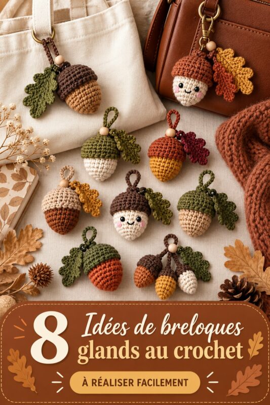 Charm en crochet en forme de gland accroché à un sac cosy