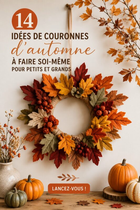 Couronne d'automne décorative faite maison avec des éléments naturels.