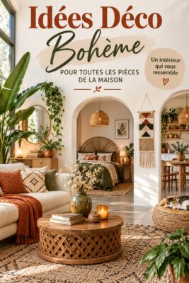 Salon décoré dans un style bohème avec des coussins colorés et une ambiance cosy.