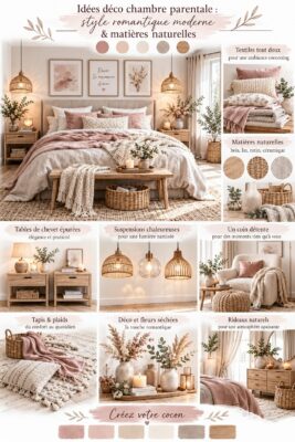 Chambre parentale décorée dans un style romantique moderne avec des touches naturelles.