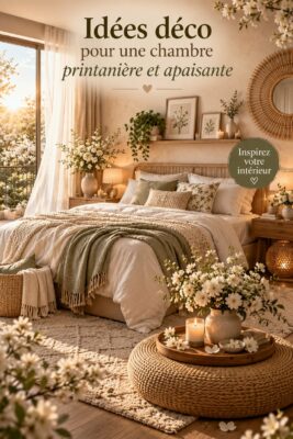 Chambre printanière décorée avec des teintes douces et des éléments rustiques pour une ambiance cosy.
