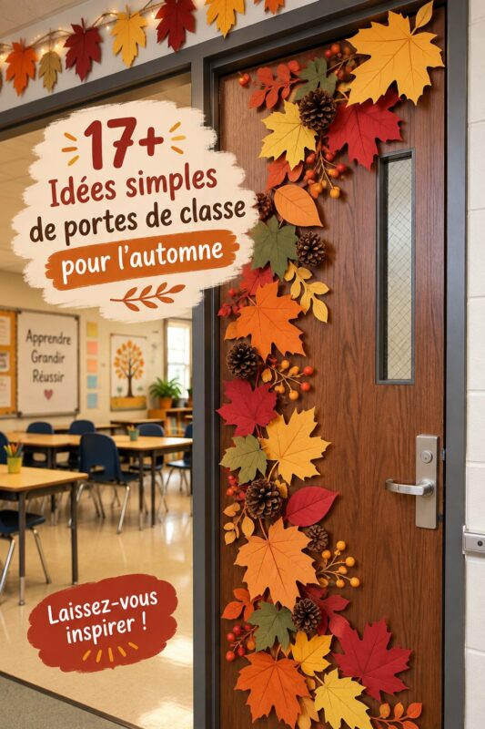 Une porte décorée avec des éléments d'automne tels que des feuilles et des citrouilles