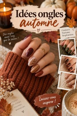 Manicure automnale avec des teintes chaudes et des motifs de feuilles.