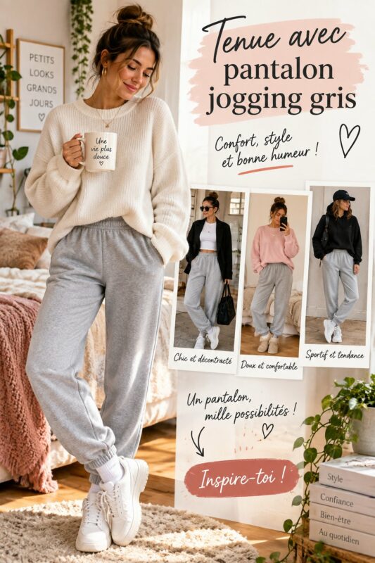 Femme portant un pantalon jogging gris avec un style cosy à la maison.