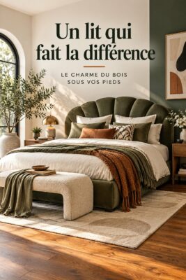 Lit au design marquant sur un sol en bois chaleureux et accueillant