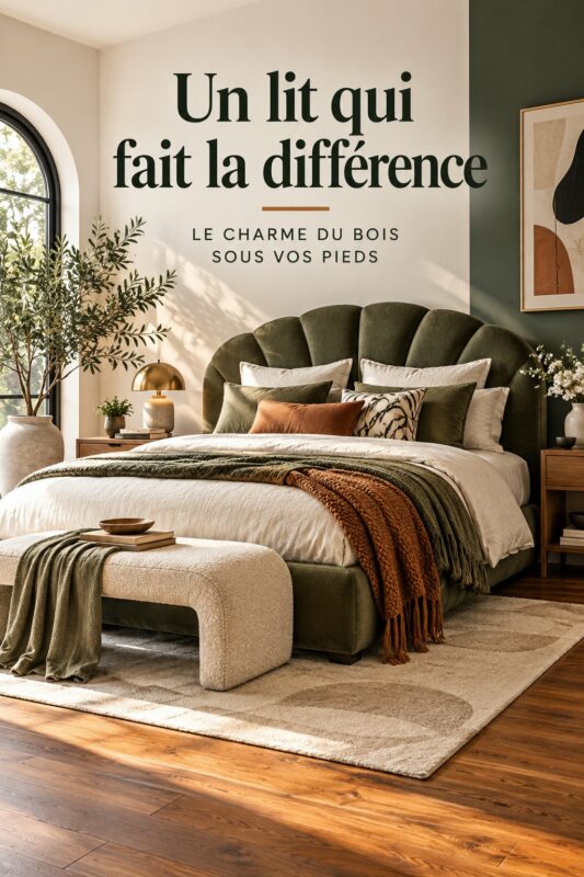 Lit au design marquant sur un sol en bois chaleureux et accueillant
