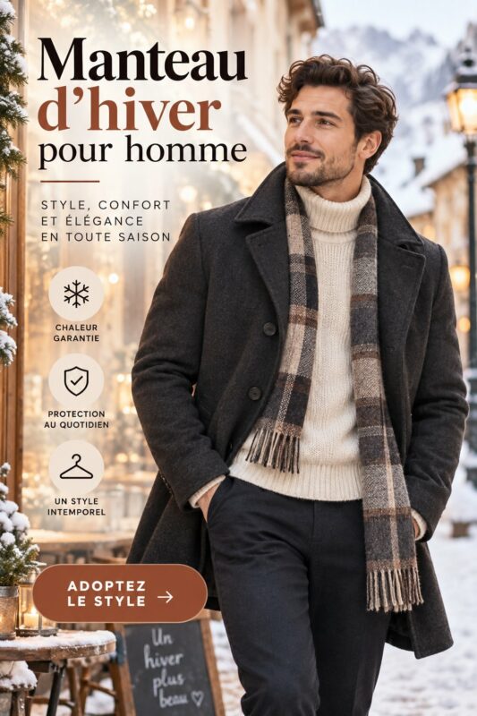 Sélection de manteaux d'hiver pour homme, avec différentes textures et couleurs.