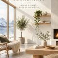 Une salle de séjour avec un décor scandinave minimaliste chaleureux, où la lumière naturelle inonde l'espace.