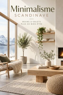 Une salle de séjour avec un décor scandinave minimaliste chaleureux, où la lumière naturelle inonde l'espace.