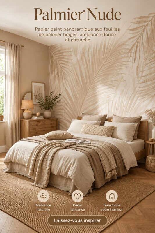 Papier peint panoramique aux feuilles de palmier beiges, créant une ambiance douce et naturelle dans un salon.