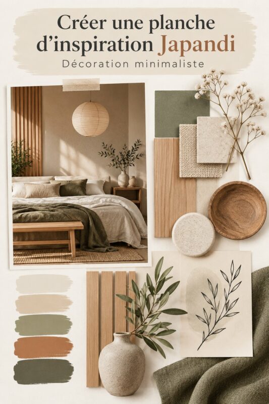 Planche d'ambiance Japandi avec des éléments décoratifs en bois naturel et des textiles doux