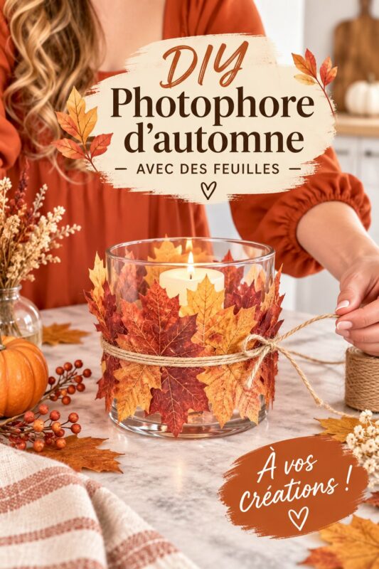 Porte-bougie fait maison avec des feuilles d'automne, décorant une table