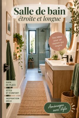 Salle de bain étroite et chic avec miroir et rangements