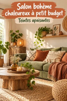Un salon boho chaleureux avec des tapis colorés et des coussins confortables.