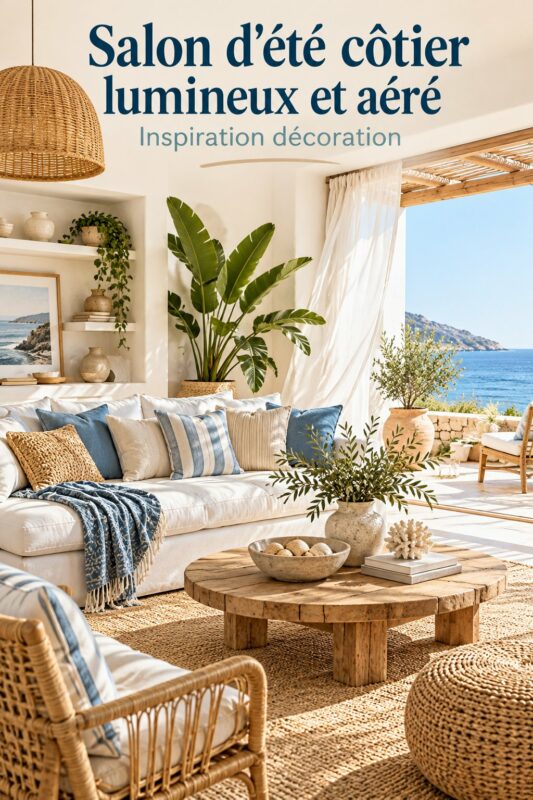 Un salon d'été lumineux et décoré dans un style côtier, avec des couleurs claires et des meubles en rotin.