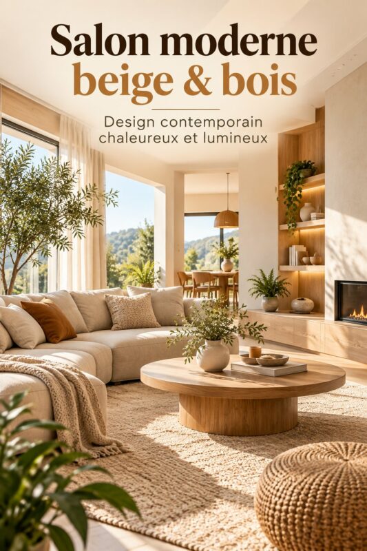 Salon moderne en beige et bois, décoré de manière chaleureuse et accueillante.