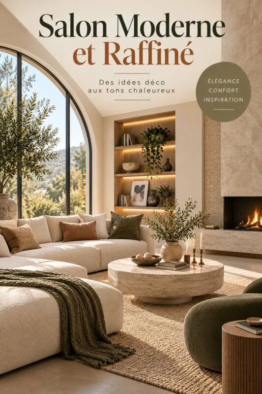 Salon moderne avec décor chaleureux et accueillant.