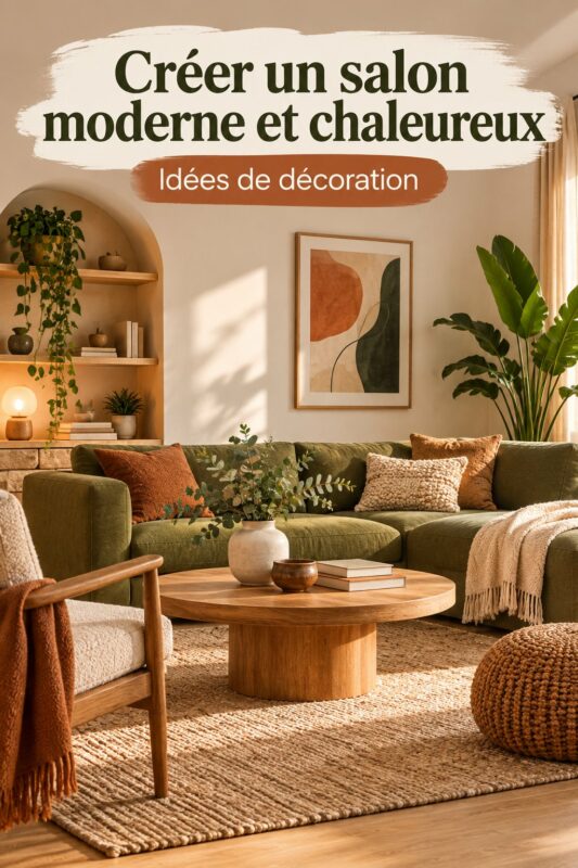 Salon moderne cosy avec des éléments élégants et chaleureux