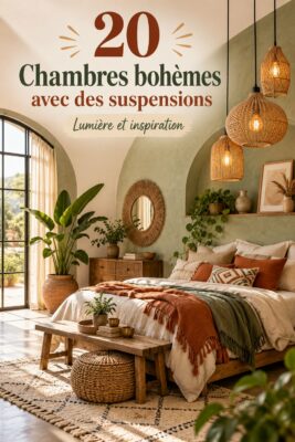 Chambre au style boho avec éclairage suspendu chaleureux