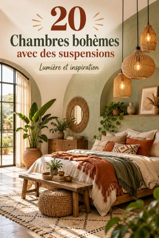 Chambre au style boho avec éclairage suspendu chaleureux