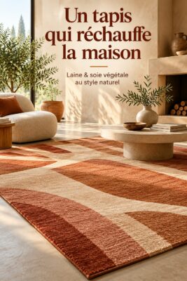 Tapis Lucien en laine et soie dans un salon cosy, couleurs sable, brique et cognac