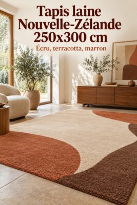 Tapis Paul en laine de Nouvelle-Zélande sur un sol en bois, coloris écru, terracotta et marron.