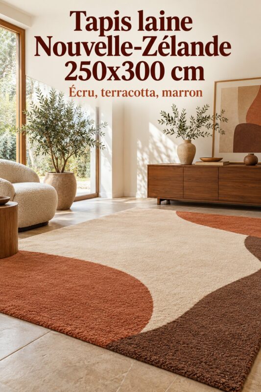 Tapis Paul en laine de Nouvelle-Zélande sur un sol en bois, coloris écru, terracotta et marron.