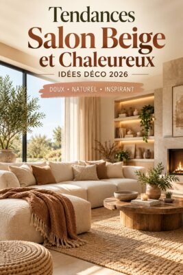 Un salon cosy décoré en nuances de beige, avec un canapé confortable et des coussins assortis.