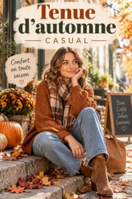Femme portant une tenue d'automne casual avec un pull et un jean dans un décor automnal