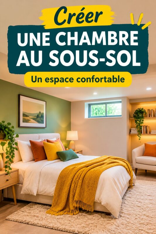 Chambre cozy aménagée dans un sous-sol avec des teintes douces