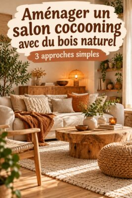 Un salon cocooning avec des meubles en bois naturel et une décoration chaleureuse.