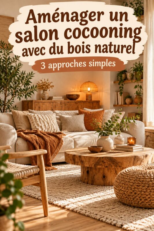 Un salon cocooning avec des meubles en bois naturel et une décoration chaleureuse.