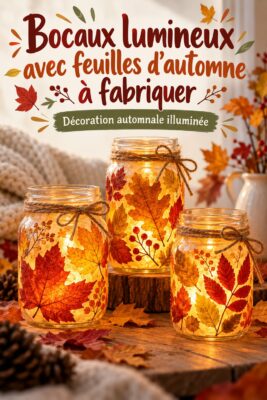 Bocaux lumineux décorés avec des feuilles d'automne sur une table en bois