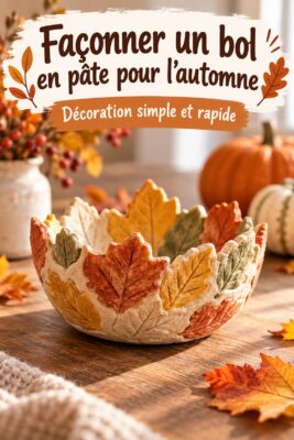Un bol en pâte décoratif pour l'automne sur une table en bois.