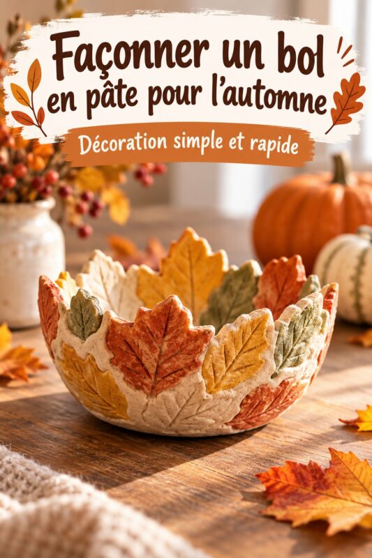 Un bol en pâte décoratif pour l'automne sur une table en bois.
