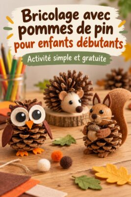 Bricolages colorés réalisés avec des pommes de pin, présentés sur une table de bricolage