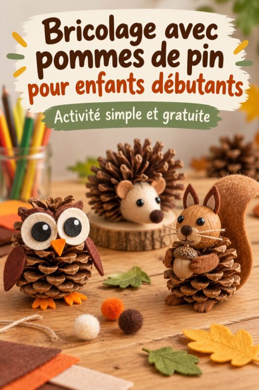 Bricolages colorés réalisés avec des pommes de pin, présentés sur une table de bricolage